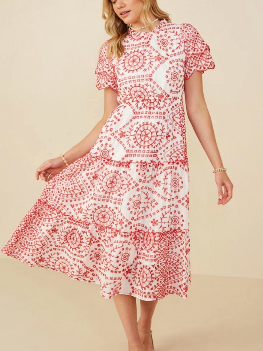 NWT Hayden LA Boho Embroidered Eyelet Lace Midi Red White Scallop Sleeve 1XL - Picture 3 of 11